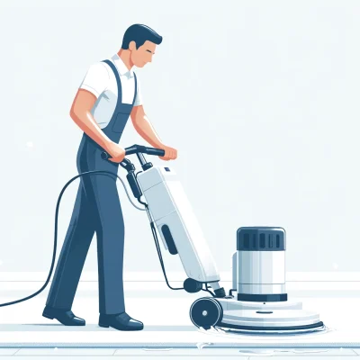 DALL·E 2025 01 10 10.43.42 A clean, vector style illustration of a professional cleaning a carpet on the floor using a rotary scrubbing machine with foam. The professional is dr